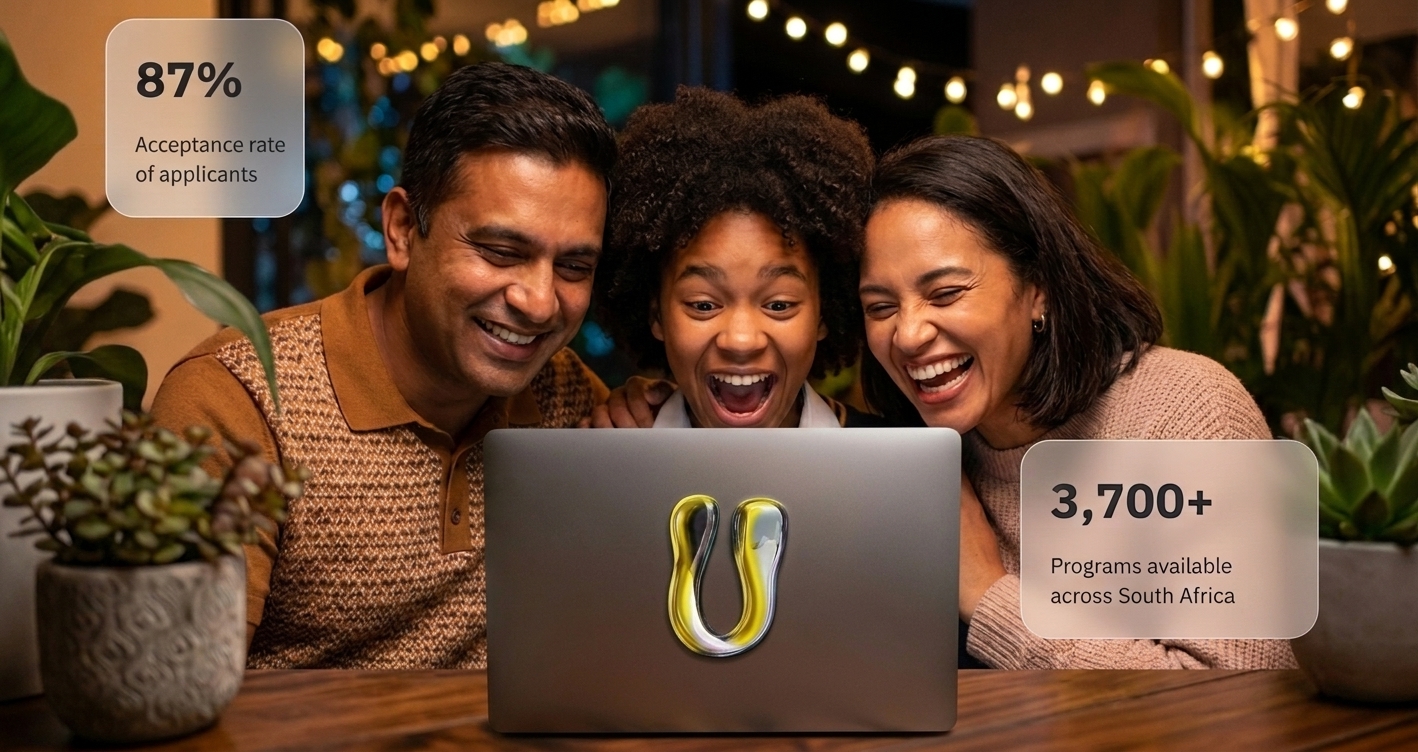 A South African family looking happily at a laptop screen together